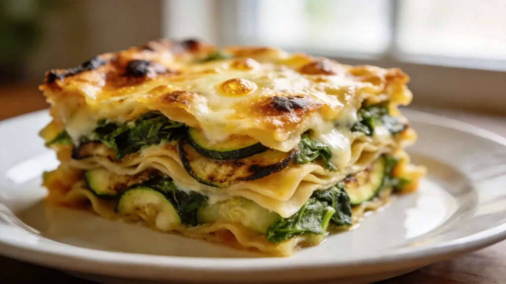 Home Classic vegetable lasagna layered with roasted zucchini, spinach, and light ricotta on a white plate