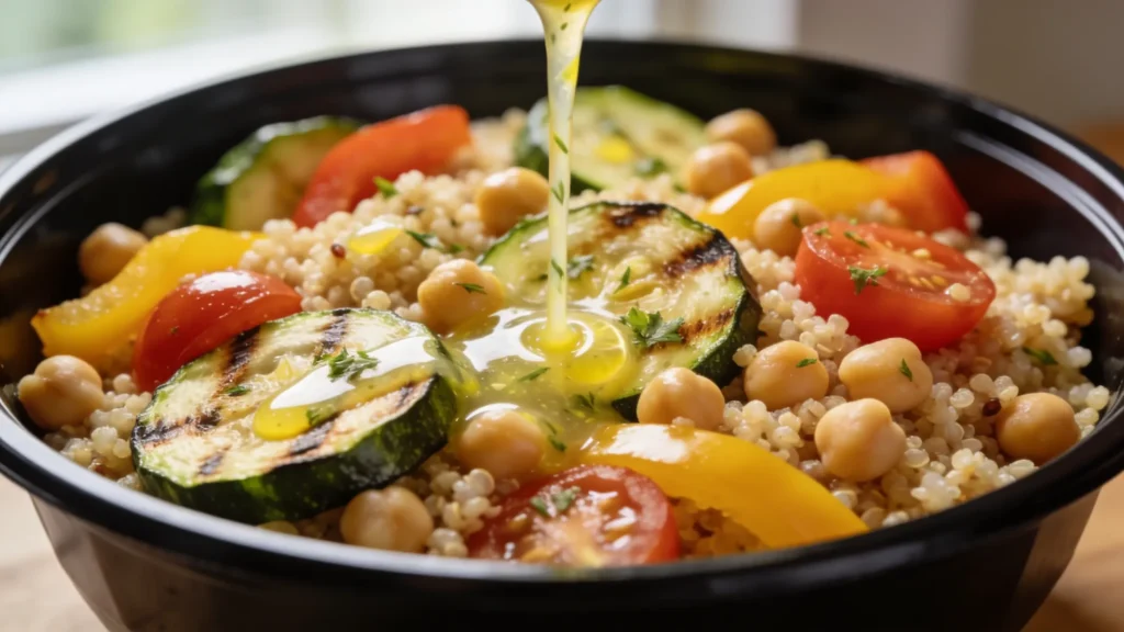 Meal prep containers with quinoa, roasted vegetables, and greens on a wooden table