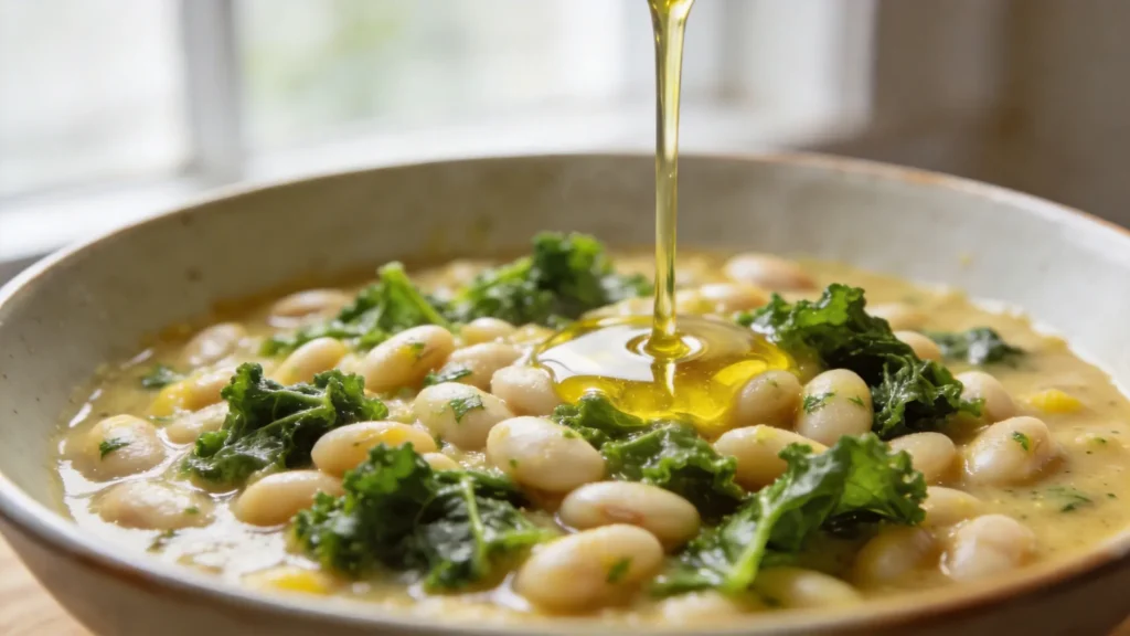 A warm bowl of vegan lemon herb white bean stew with kale and fresh herbs on a wooden table, topped with a drizzle of olive oil