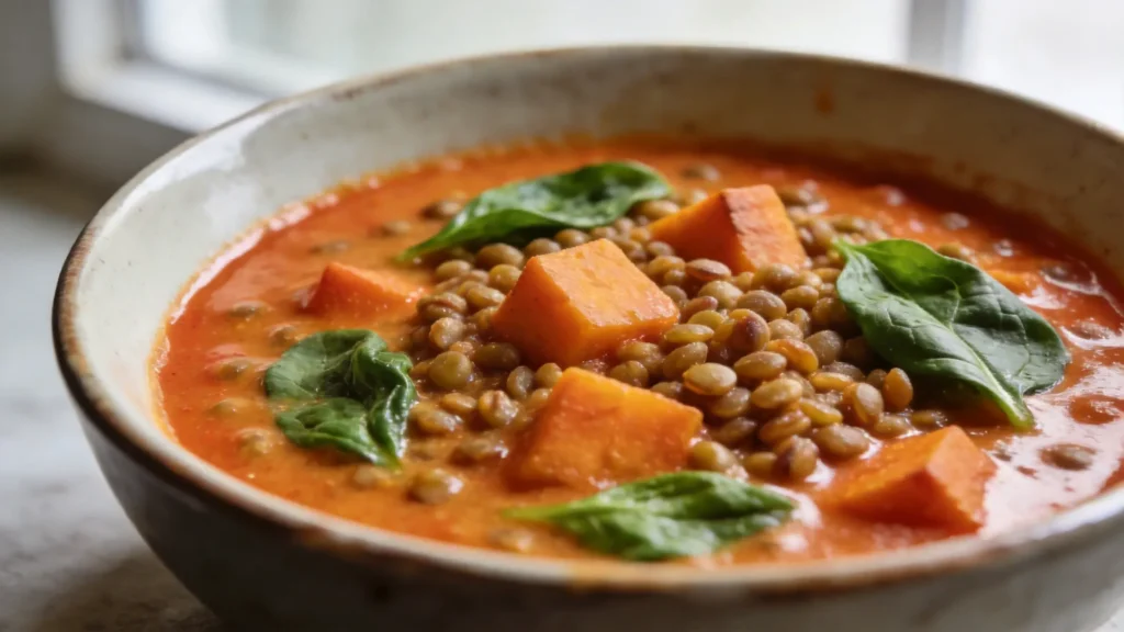 Bowl of creamy vegan coconut lentil stew with sweet potatoes and spinach