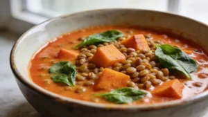 Bowl of creamy vegan coconut lentil stew with sweet potatoes and spinach