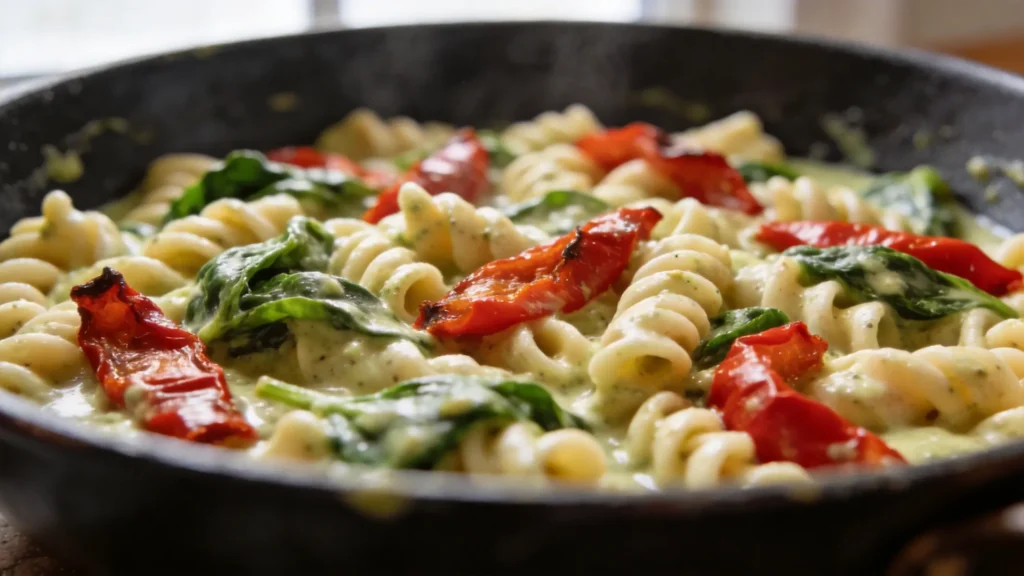 Bowl of creamy vegan one-pot pasta with cashew cream sauce, roasted red peppers, and fresh spinach