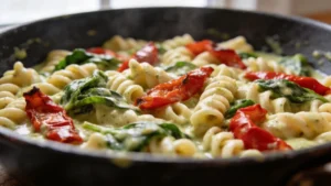 Bowl of creamy vegan one-pot pasta with cashew cream sauce, roasted red peppers, and fresh spinach