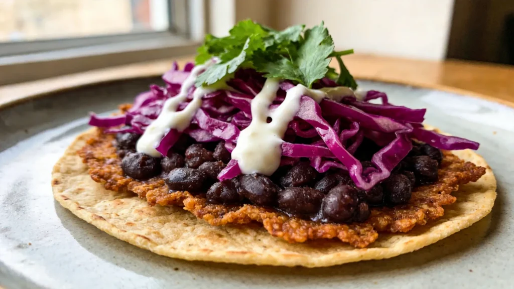 Crispy vegan smash tacos topped with pickled cabbage on a wooden board