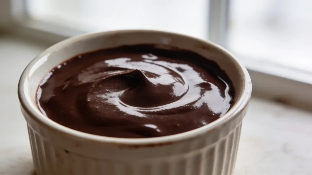 Three ramekins of dark chocolate pots de crème topped with whipped cream and cocoa powder on a wooden board
