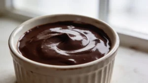 Three ramekins of dark chocolate pots de crème topped with whipped cream and cocoa powder on a wooden board