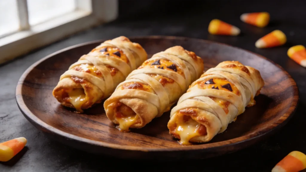 Platter of finished mummy pizza rolls with googly eyes on a Halloween-themed table