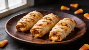 Platter of finished mummy pizza rolls with googly eyes on a Halloween-themed table