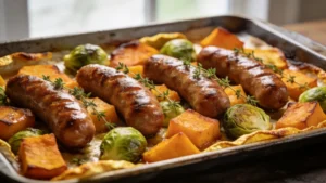 Keto one-pan fall sausage bake with butternut squash, Brussels sprouts, and fresh thyme