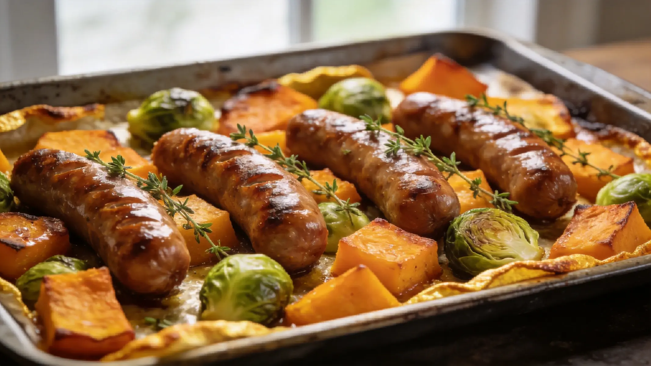Keto one-pan fall sausage bake with butternut squash, Brussels sprouts, and fresh thyme
