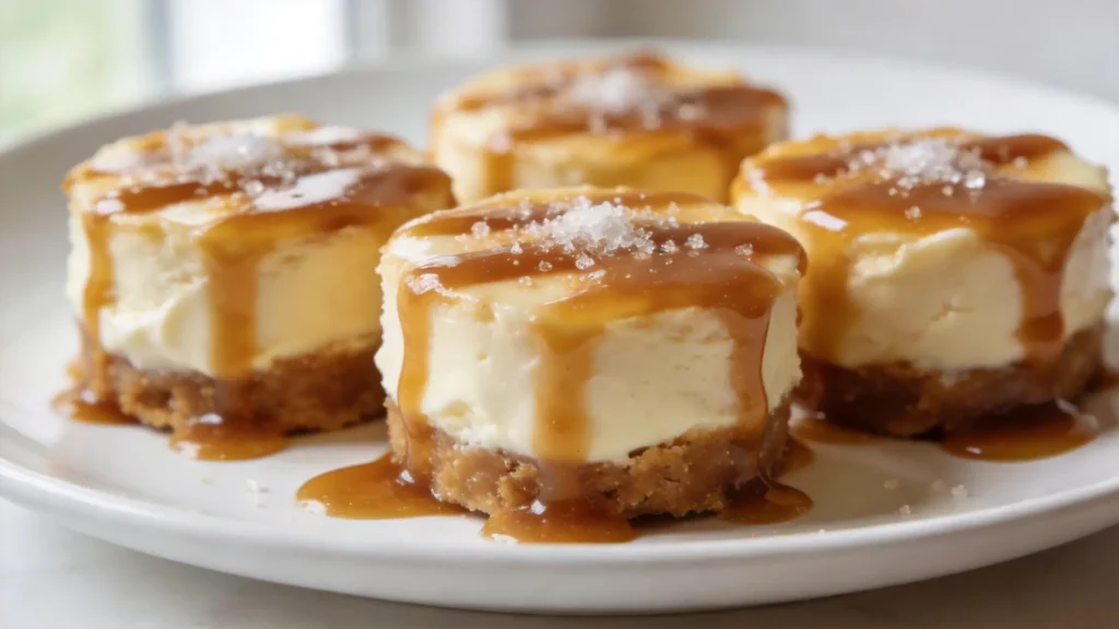Keto salted caramel cheesecake bites with almond crust and sugar-free caramel drizzle on a white plate