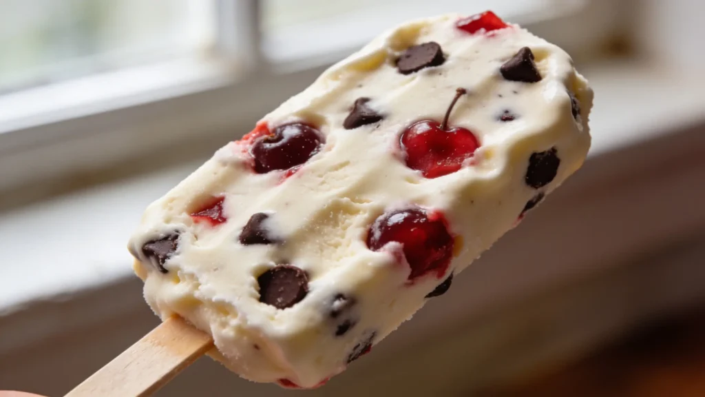 A creamy vanilla cherry ice cream pop with dark chocolate chips and cherry swirl