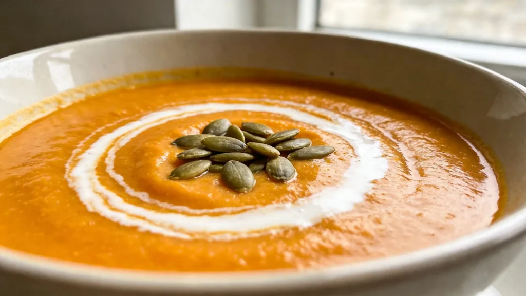 A bowl of silky vegan pumpkin soup topped with coconut cream and pumpkin seeds