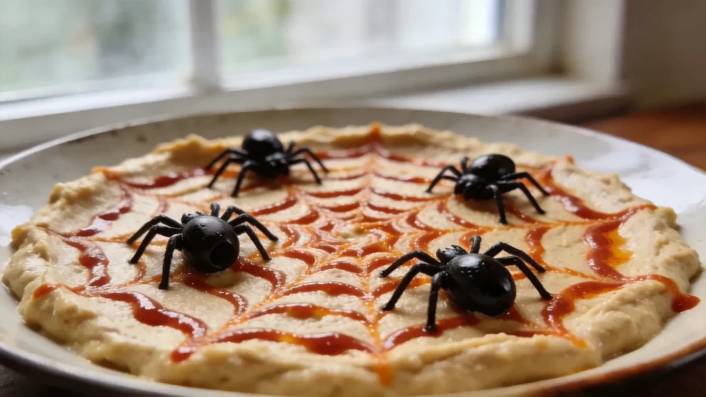 Spider web hummus topped with sriracha web and olive spiders on a plate