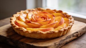 Peach rose tart with thin-sliced peach petals arranged in a floral spiral on golden pastry