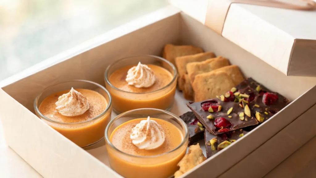 Assorted low-calorie desserts in a gift box including mini pumpkin mousse cups, spiced shortbread, and cranberry bark.