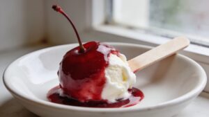 A creamy vanilla ice cream popsicle coated in a glossy tart cherry shell, held by a child's hand on a sunny summer day