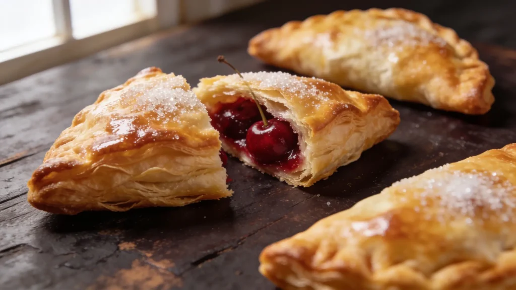 Golden, perfectly flaky cherry turnovers on a baking sheet, showing the glossy pinkish-red cherry filling peeking through the crisp, buttery layers.