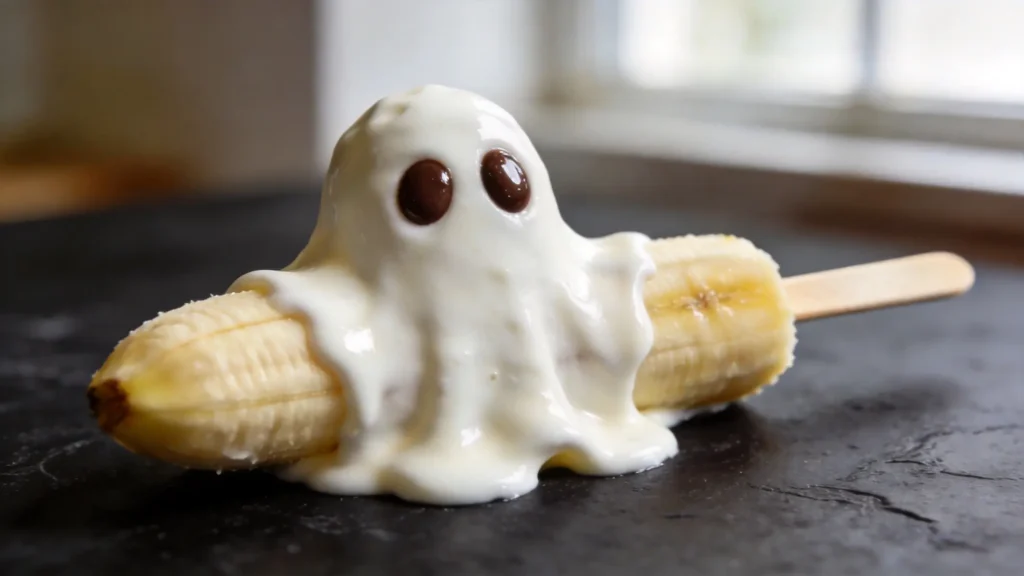 Ghost banana pops on a white platter with spooky Halloween decorations