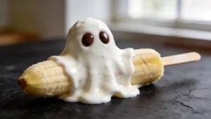 Ghost banana pops on a white platter with spooky Halloween decorations