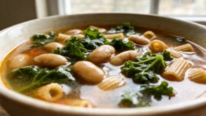 Bowl of hearty Italian minestrone with cannellini beans, kale, and whole grain pasta