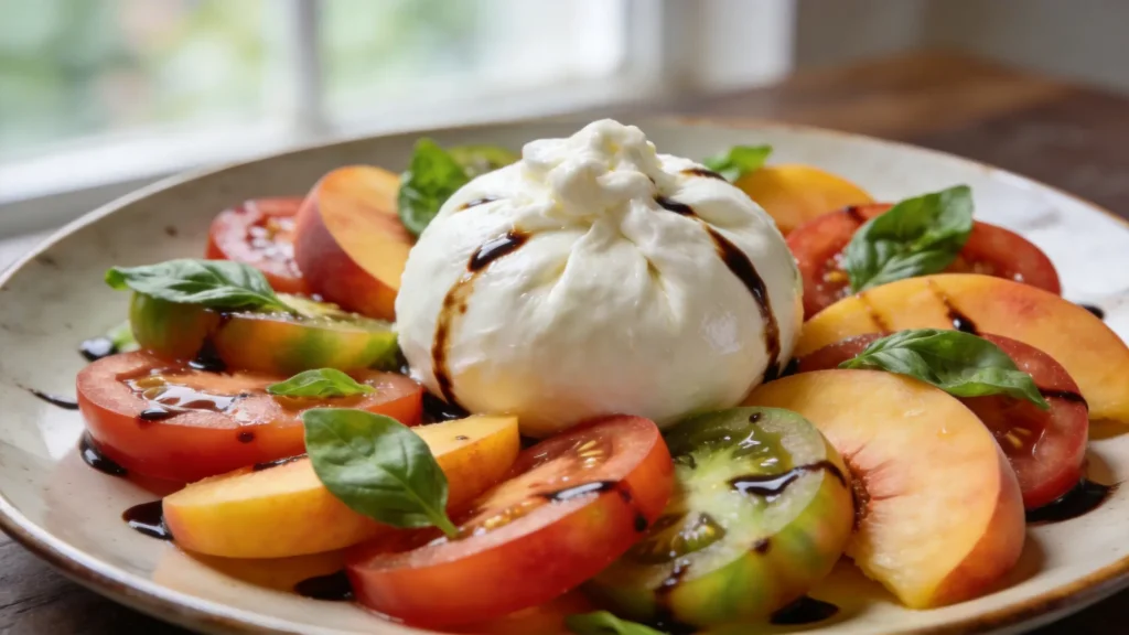 Heirloom Tomato & Peach Salad with Burrata on a serving platter