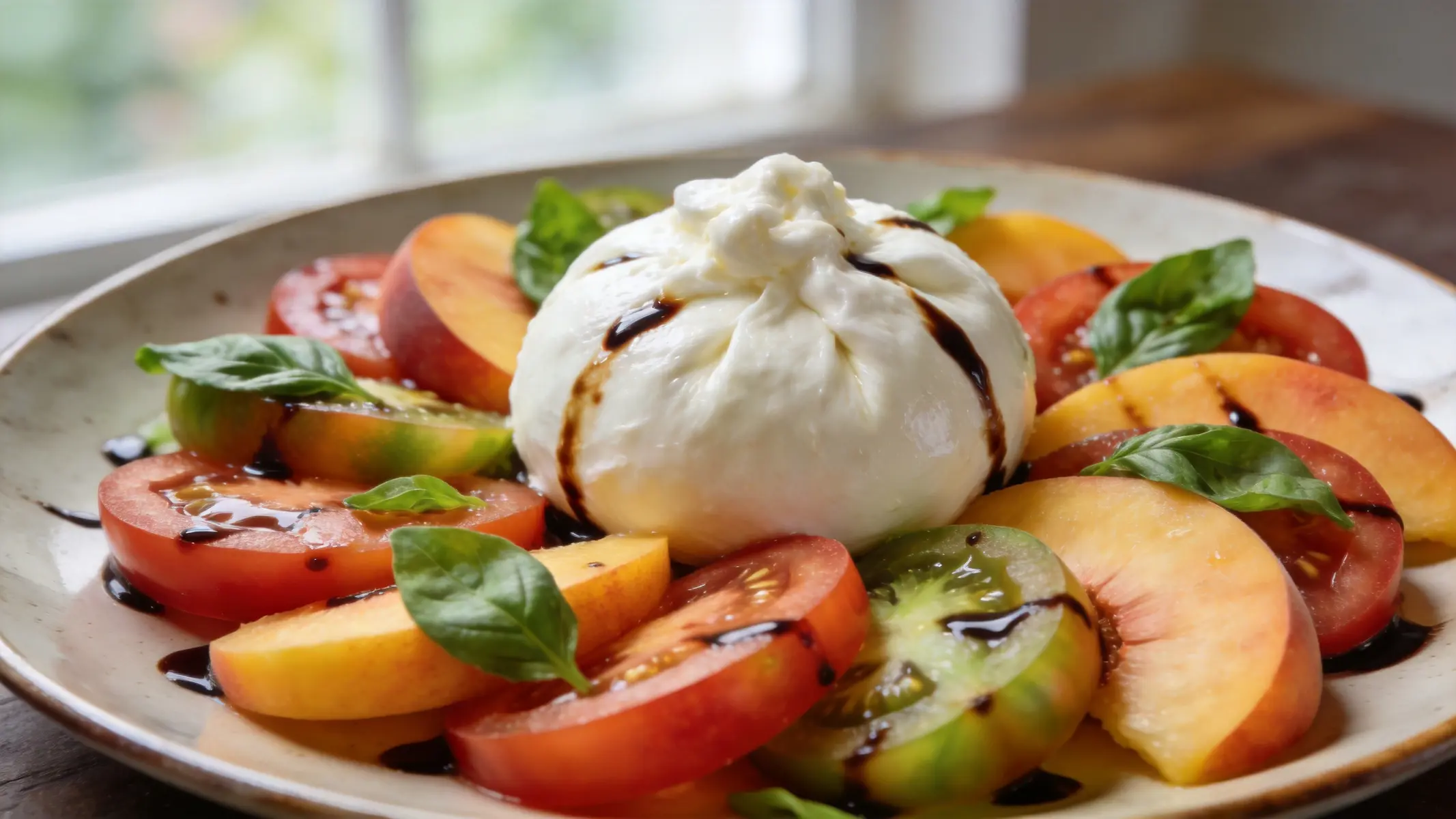 Heirloom Tomato & Peach Salad with Burrata on a serving platter