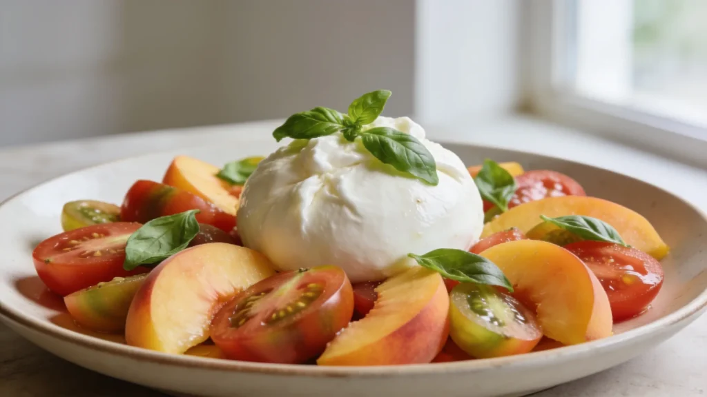 Heirloom tomato and peach salad with creamy burrata on a rustic platter