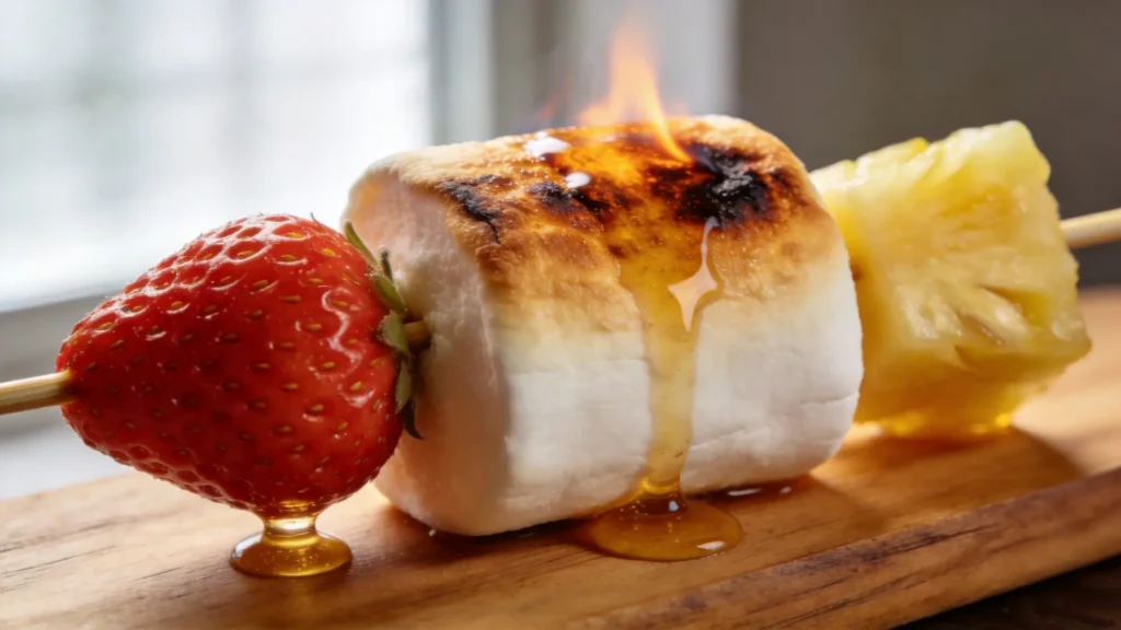 Lightly torched honey marshmallow and fresh fruit skewer on a white plate