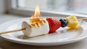 Skewers of toasted marshmallows and fresh fruit on a plate