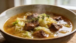 A steaming bowl of keto beef and cabbage soup with fresh thyme, served on a wooden table