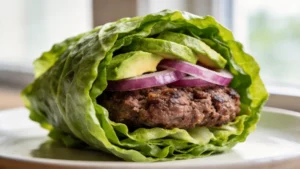 Juicy bison burger wrapped in lettuce with tangy pickled onions on top
