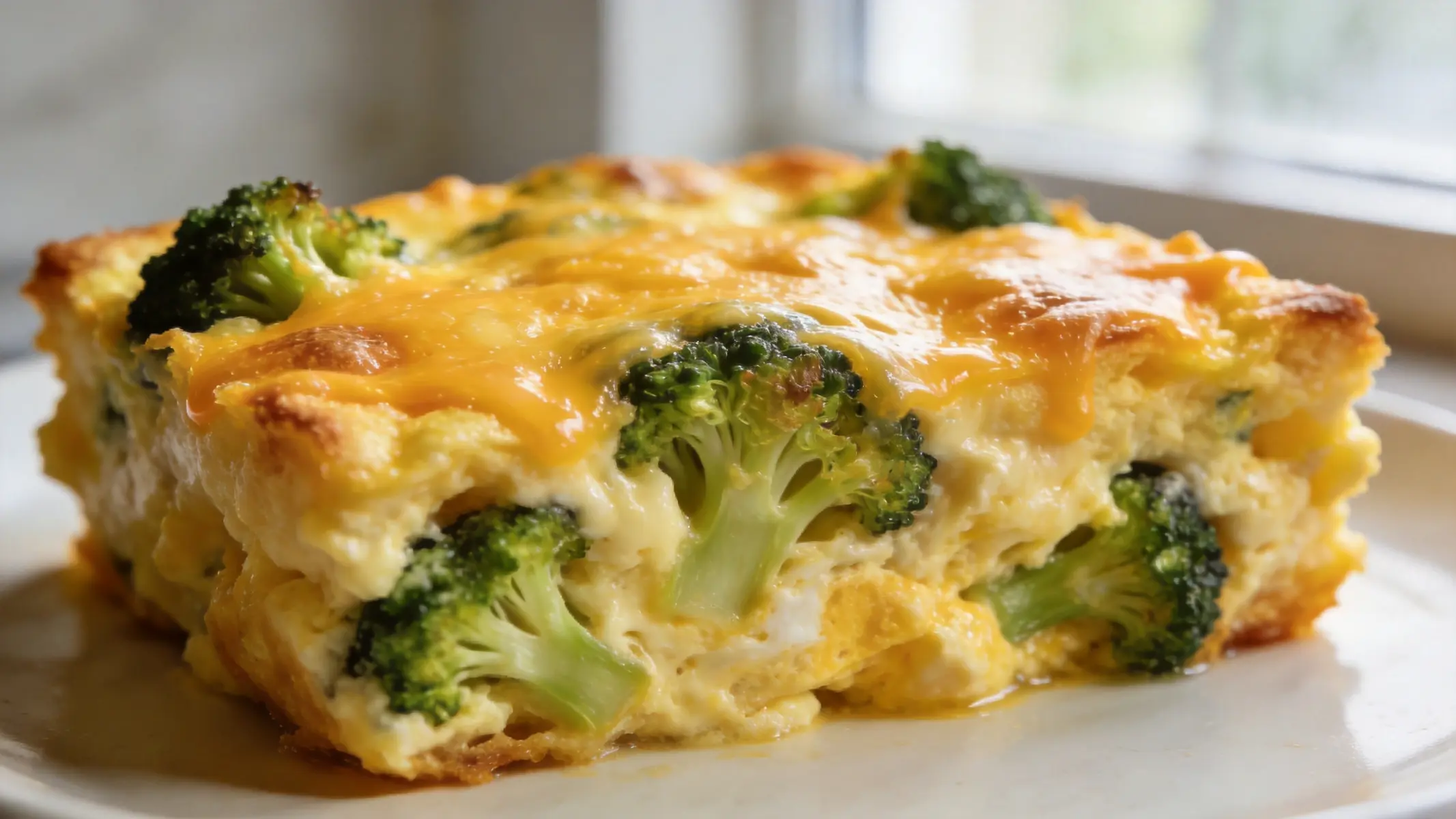 Keto Broccoli Egg Bake in a casserole dish, golden and baked with cheddar cheese