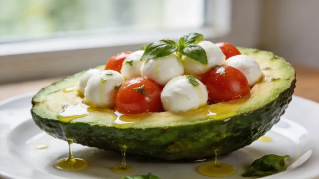 Two keto caprese stuffed avocado halves on a plate