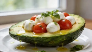 Two keto caprese stuffed avocado halves on a plate