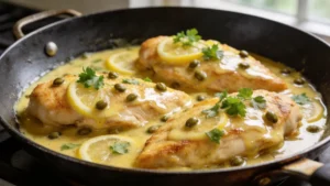 Keto chicken piccata with lemon caper sauce served on a plate