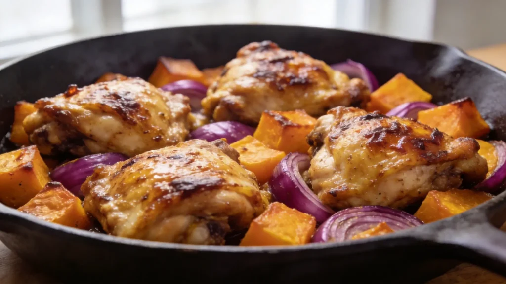 Golden roasted keto chicken thighs with butternut squash and red onion on a baking sheet