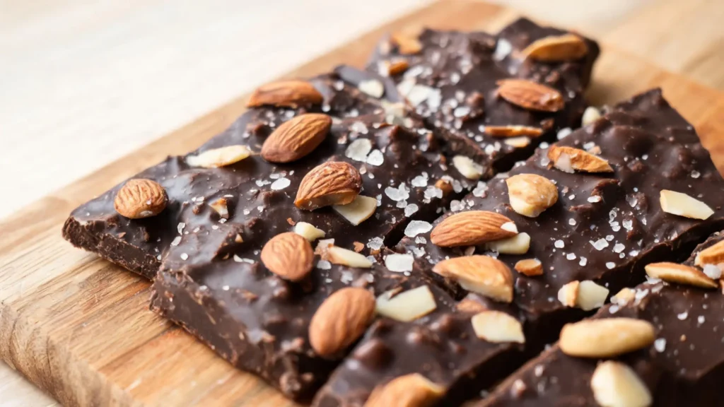 Keto dark chocolate bark with toasted almonds, sea salt, and orange zest on a wooden board