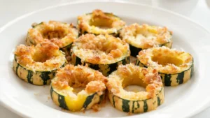 Golden baked keto delicata squash rings coated in crispy parmesan crust, served on a rustic plate with fresh herbs