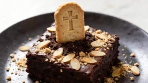 Fudgy keto graveyard brownies with tombstone pretzel cookies on a plate