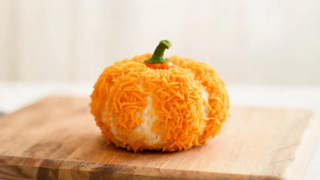 Keto pumpkin-shaped cheese ball coated in shredded cheddar with green bell pepper stem on a serving platter