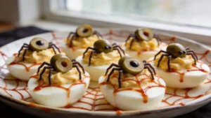 Assorted keto deviled eggs on a platter decorated with olive spiders and sriracha webs for Halloween