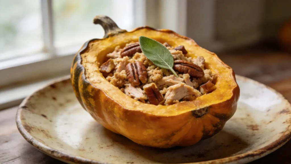 Keto stuffed acorn squash halves filled with spiced ground turkey, pecans, and sage on a wooden board