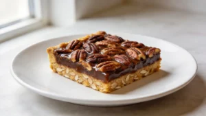 Keto pecan pie bars on a plate with a buttery almond crust