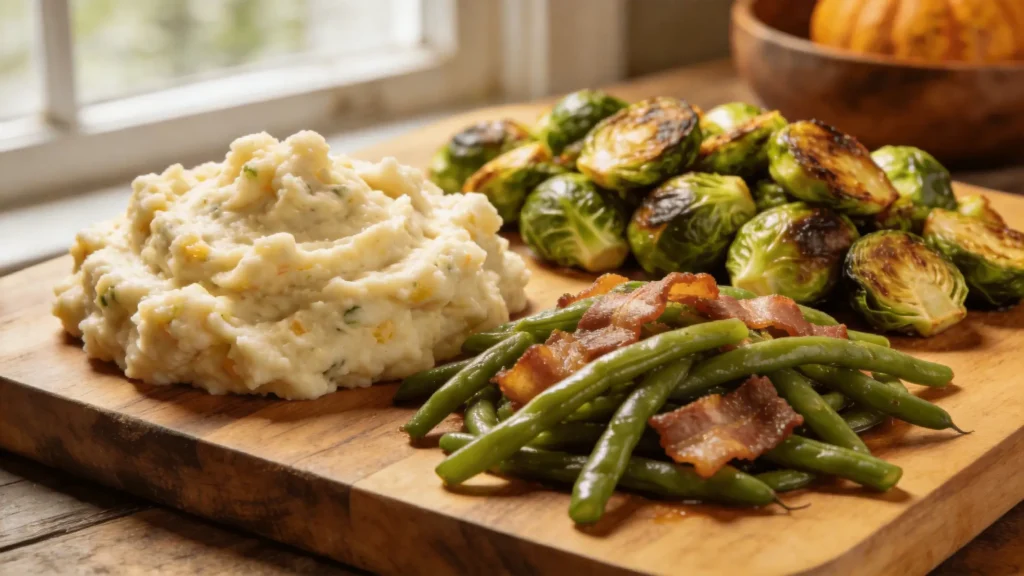 Keto Thanksgiving sides board with cauliflower mash, roasted Brussels sprouts, and green beans with bacon