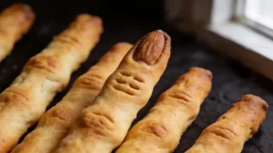 Spooky keto witch finger breadsticks on a baking tray