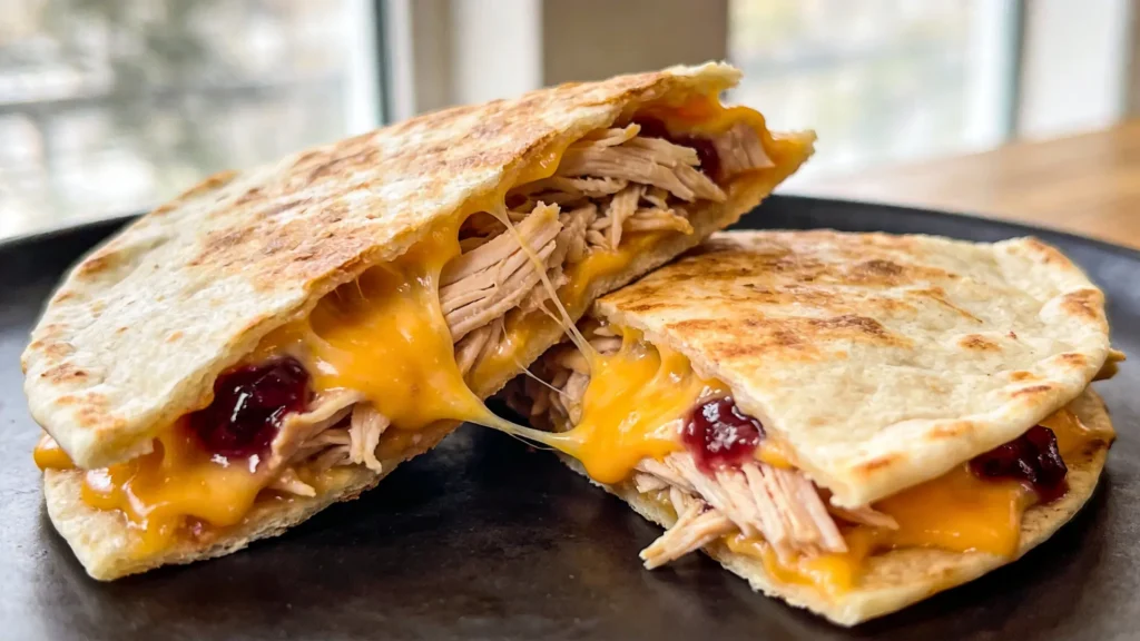 Crispy leftover turkey quesadilla with melted cheddar and cranberry sauce, served on a plate.