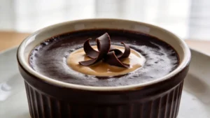 A small glass cup filled with smooth espresso chocolate pudding topped with a dollop of whipped cream and a coffee bean on a dark surface.