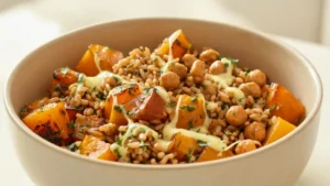 A bowl filled with roasted squash, farro, crispy chickpeas, and greens, topped with lemon herb dressing.