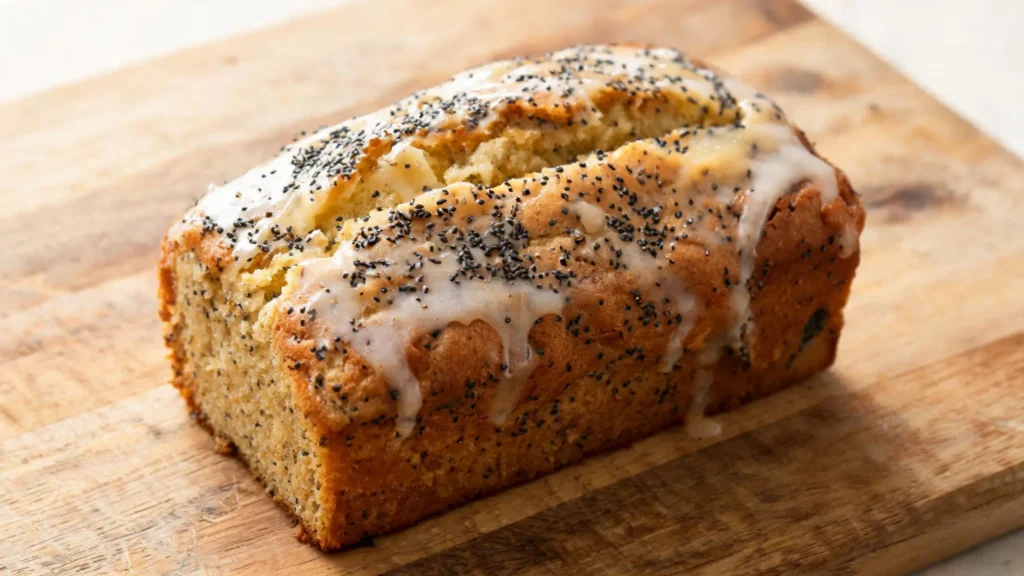Moist vegan lemon poppy seed loaf on a wooden board with a slice cut out